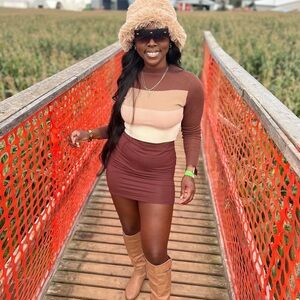 Multiple shades of brown striped long sleeve shirt with brown skirt